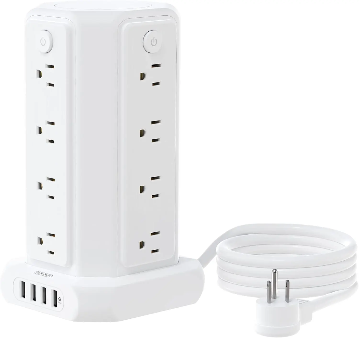 10 FT Extension Cord Power Strip Tower, 16 Widely Outlets 1875W 15A, Flat Plug Surge Protector with 4 USB Ports, Individual Switches, 1080 Joules, Overload Protection for Home Office Desktop, White