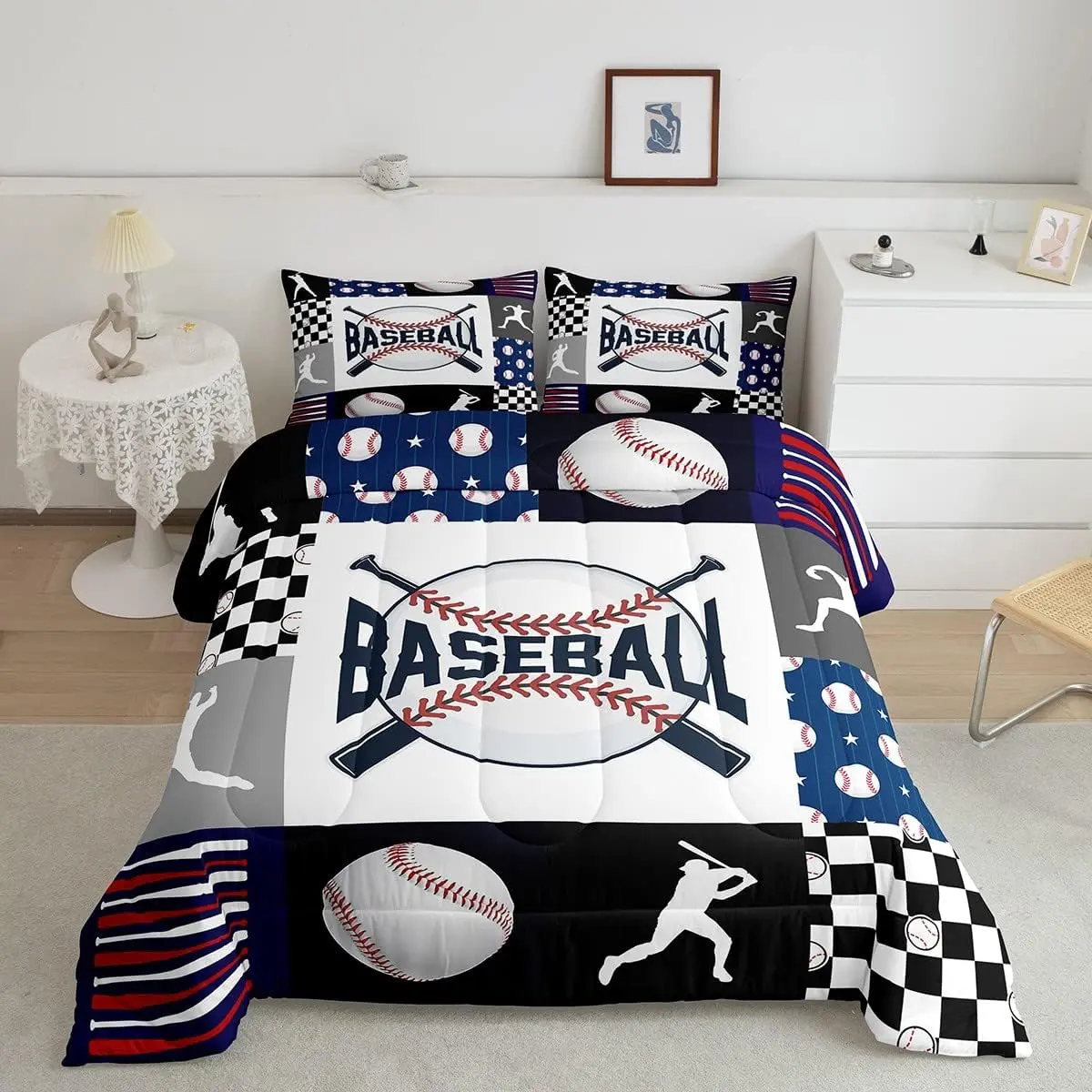Feelyou Baseball Microfiber Duvet Set - Soft Warm Bedding Sets, Patchwork Geometric Checkered Linens in Black, White, Navy Blue for Kids Sport Fans' Bedroom
