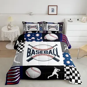 Baseball Bedding,Kids Sports Comforter Set for Boys Girls ,Teen,Quilt Sport Fans Room Decor,Patchwork Geometric Checkered Balck White Navy Blue Soft Comfy Blanket
