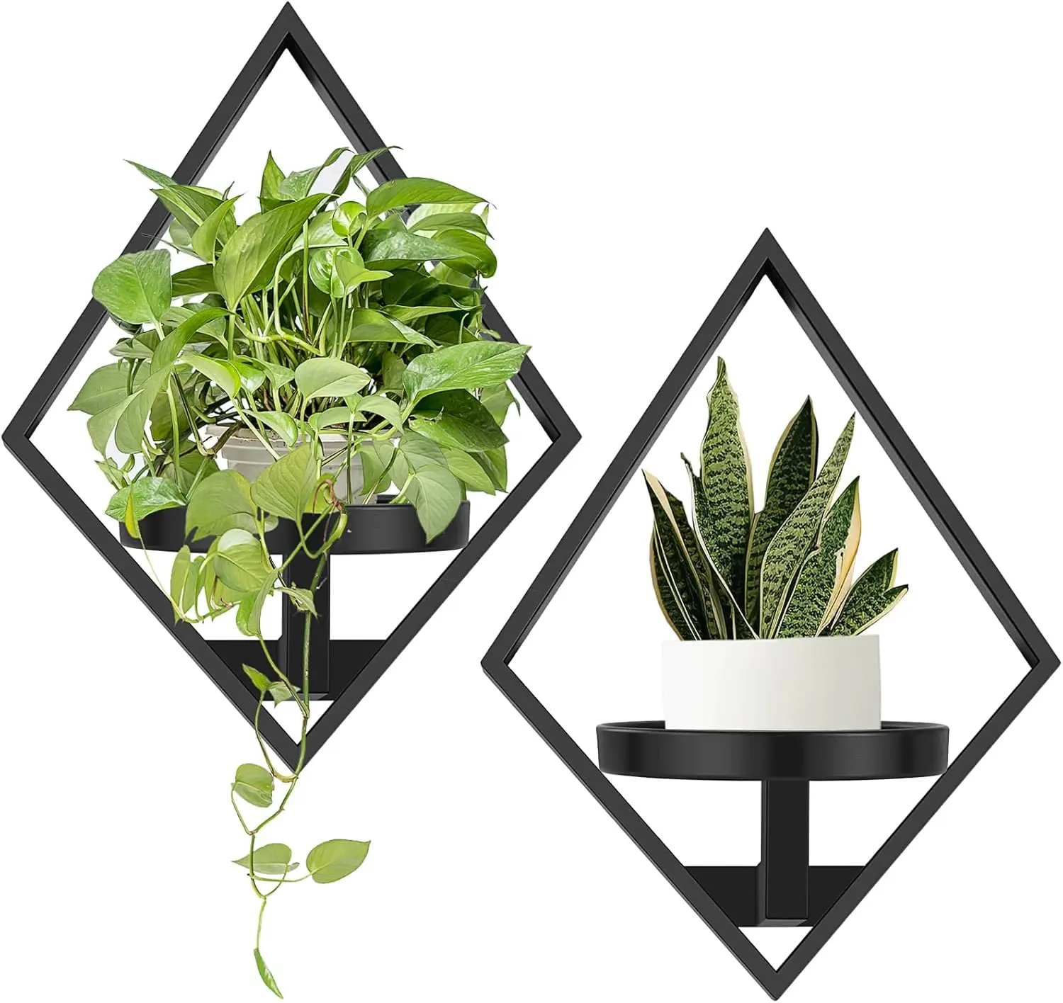 1-Layer Corrosion Resistant Modern Metal Diamond Frame Floating Shelf Wall Plant Hanger - 2-Pack, Indoor Gardening/Decor for Bedroom, Geometry Design Home Organizer Storage Rack, Max Pot Size 5.7in, Ideal Gift