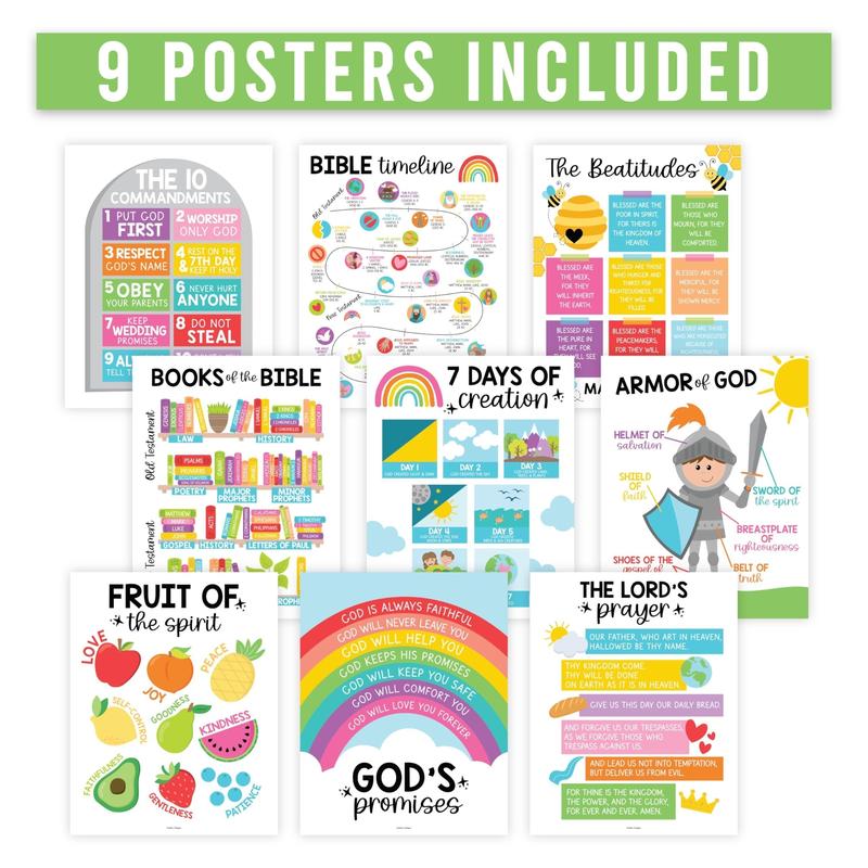 Colorful Rainbow Bible Posters | Set of 9 | Sunday School Classroom Art Stickers Visual Learning Tools