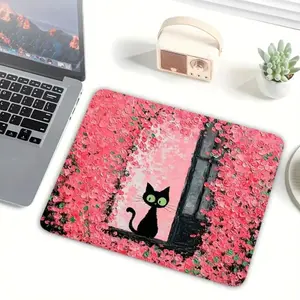 Floral Black Cat Mouse Pad Square rubber mouse pad, locked edge, non-slip, smooth surface. Computer accessory for office & gaming, fits laptop & PC. Available in large 45×40cm and small 22×18cm.