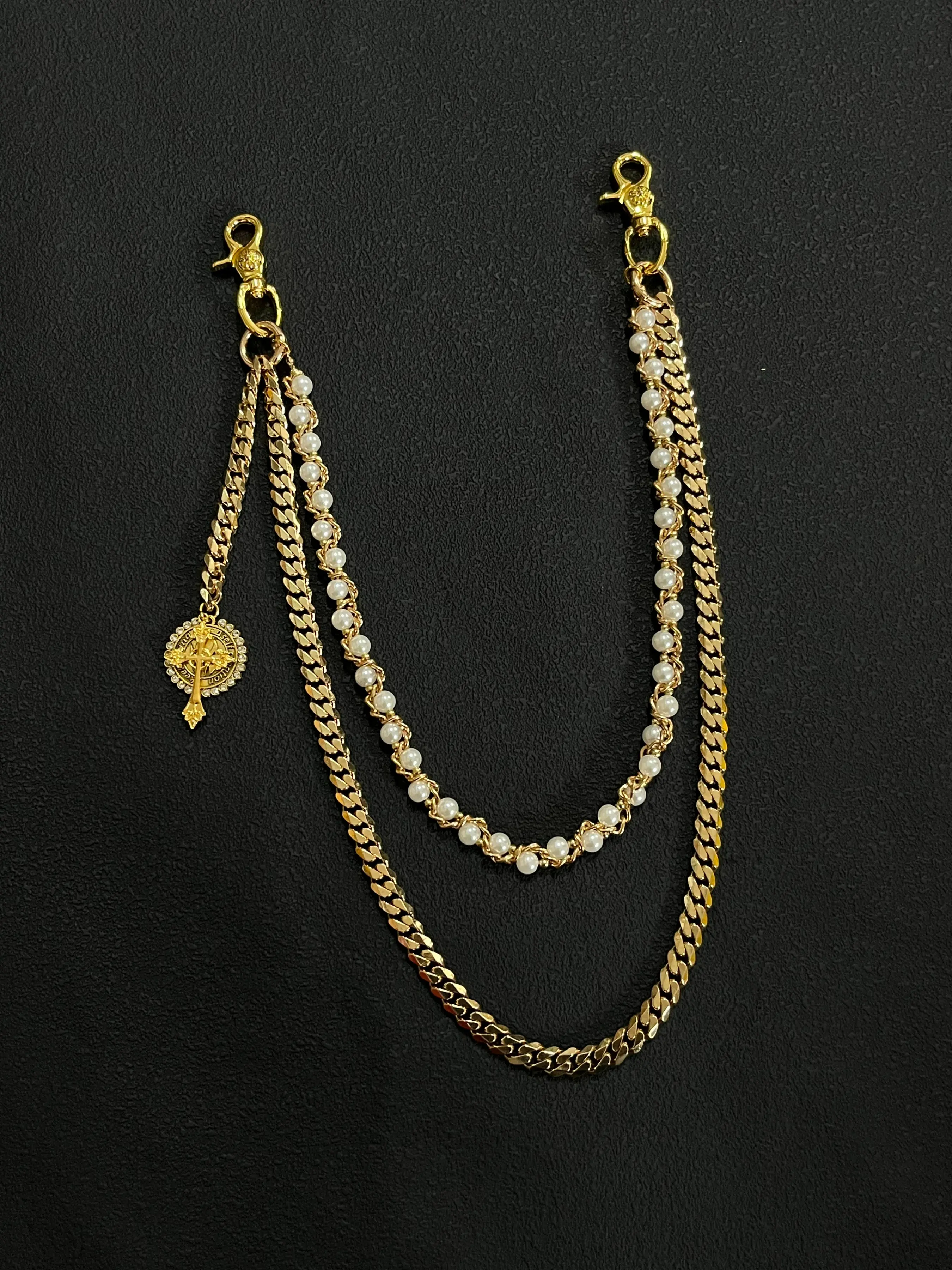 Golden Twisted Pearl Cuban Pant Chain, premium American texture, double-layer waist accessory, Bling Chain, runway fashion, unisex & couple style