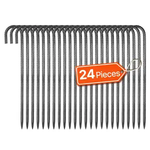 VEVOR Rebar Stakes, 16-Inch, Heavy-Duty 0.4 in Diameter J Hook, Galvanized Steel Ground Anchors with Chisel Point End & Rust-Resistant Coating, for Gardening Support, Fence, Camping Tents (24-Pack)
