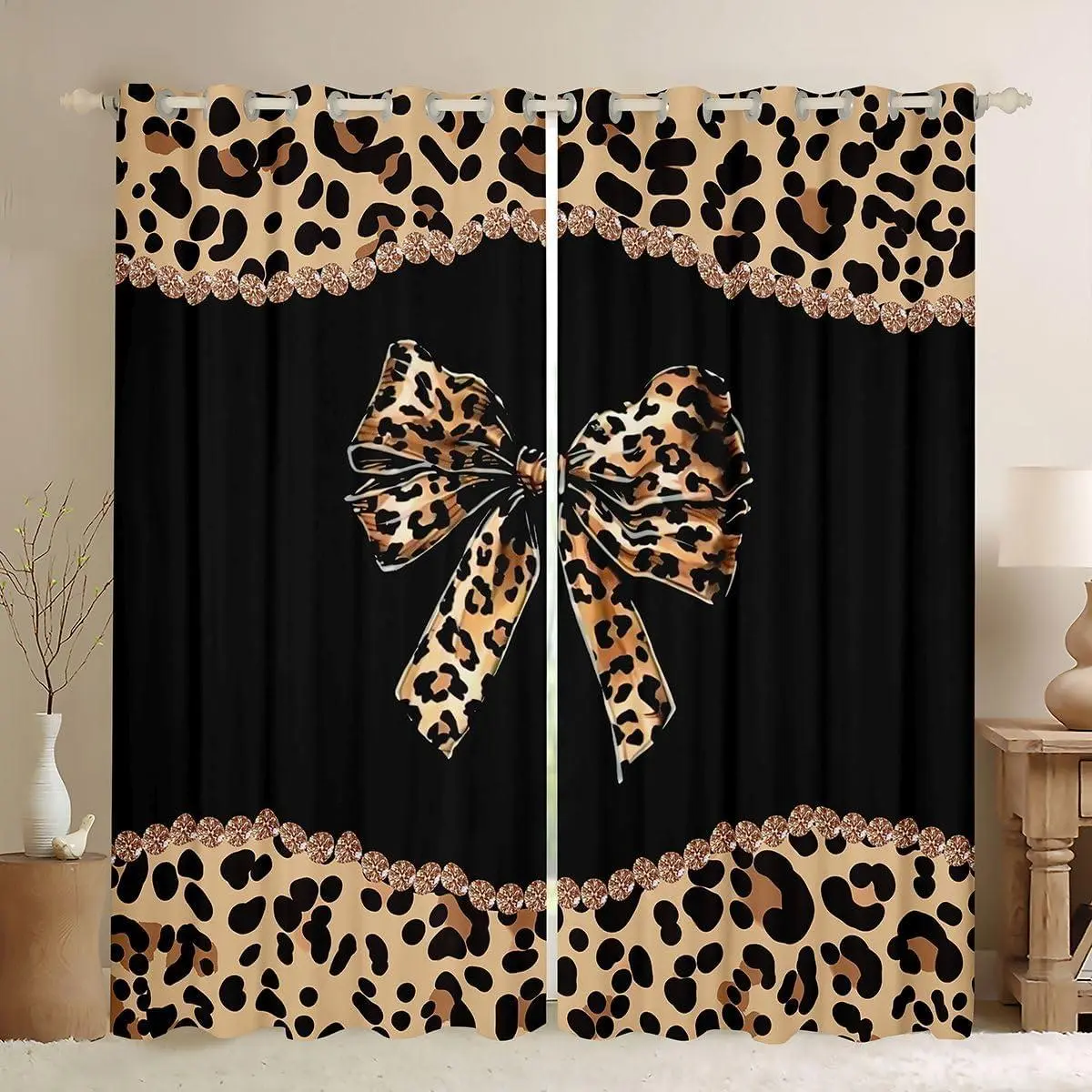 African Cheetah Bow Blackout Curtains Women Adults - Leopard Coquette Bow Window Curtains Brown Black Modern Fashion Window Treatments Drapes Leopard Print Bowknot Decor