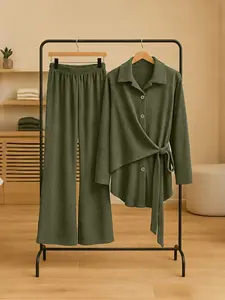 Women's Casual Solid Color Set, Womenswear Long Sleeve Collared Turn-Down Collar Knit Cardigan, High Waist Straight Leg Pants, Daily Commute