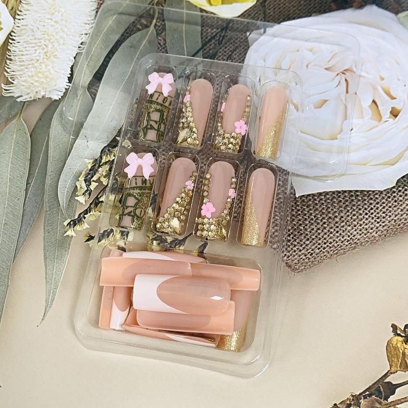 24pcs Long Bow Glitter FlowerNail Stickers With Press-On Nails, Cute Jelly Gel And Nail File Included For AllWomen