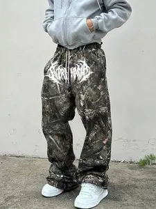 Men's Casual Camo Long Pants, Thorn Pattern Print, Loose Fit Drawstring Wide Leg, All Season Fashion, Men's Clothing