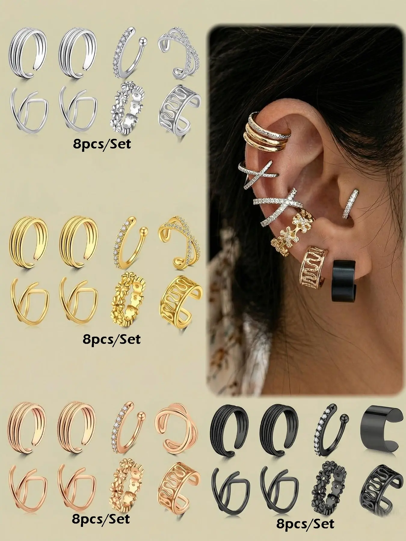 8-Piece Elegant Ear Cuffs Set, Ear Clip Set, Non Piercing Jewelry, Hypoallergenic Stainless Steel, Adjustable Design, Zircon Embedded, Perfect Thanksgiving Gift for Women