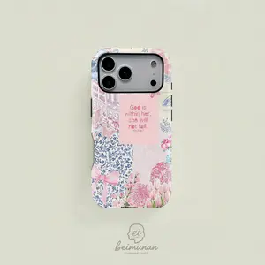This retro-style pink and blue floral and bow patchwork double-layer protective case is a durable 2-in-1 device suitable for iPhone 17/16/15/14/13/12/11 Pro Max/Plus/Pro and Samsung GalaxyS26/S25/S24/S23 /S22/S21Ultra/Plus series.