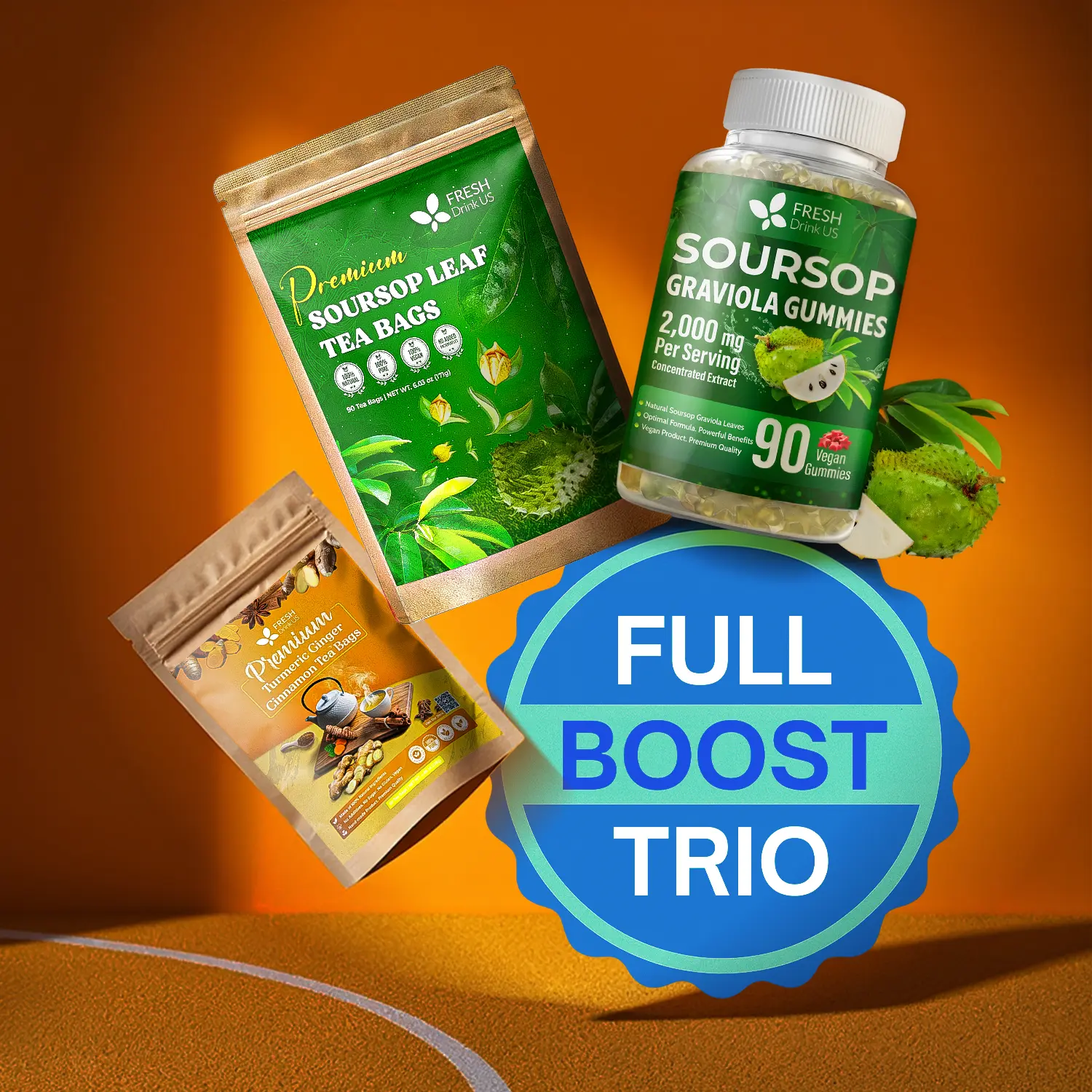 FreshDrinkUS Immunity Boost Trio, Turmeric Ginger Cinnamon Tea, Soursop Graviola Leaf Tea, Soursop Graviola Gummies 2,000mg per Serving, 100% Natural and Pure, Antioxidant and Immune Support Herbal Set, Vegan, Non-GMO, Gluten-Free, No Sugar