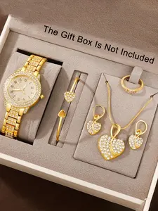 Women's Elegant Rhinestone Decor Watch & Fashionable Jewelry Set, Including Round Dial Watch & Necklace & Ring & Earrings & Bracelet, Fashion Watch Set for Women As Gift without Box, Jewellery Gift Set