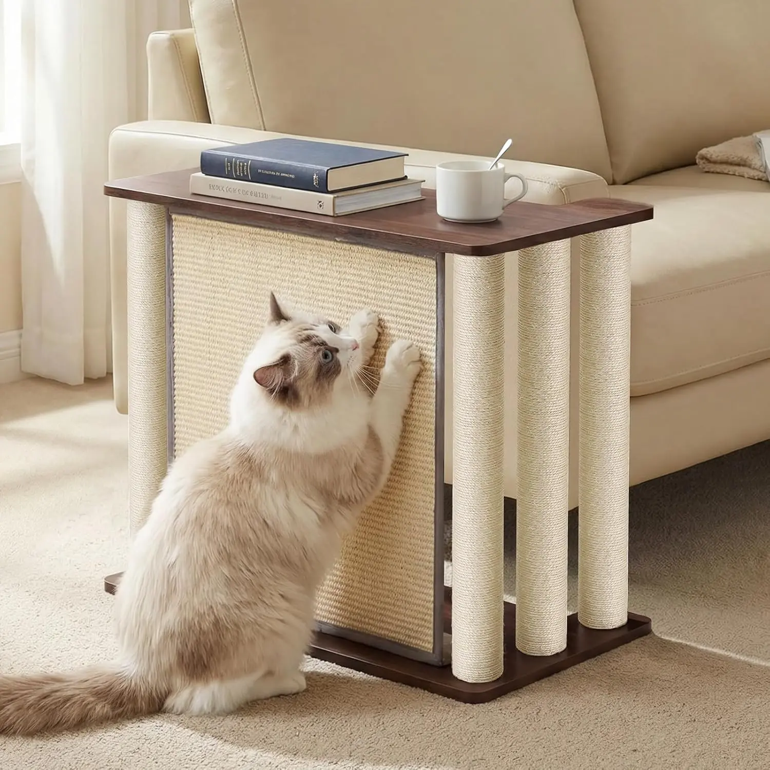 Veehoo Modern Right-Facing Cat Scratcher End Table - Furniture-Safe Couch Protector with Solid Sisal Scratch Panel & Posts, Black Walnut Pet Corner Sofa Side Table