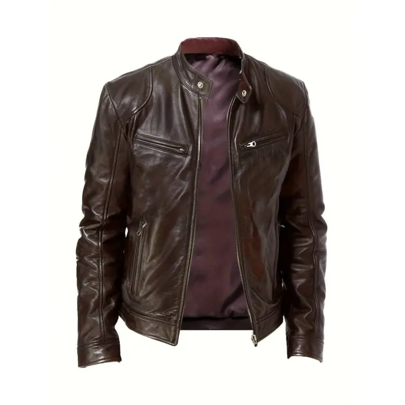 Men's Vintage Café Racer Biker Jacket, Chocolate Brown Genuine Sheep Skin Leather, Menswear with Foam-Lined Pocket, Coats