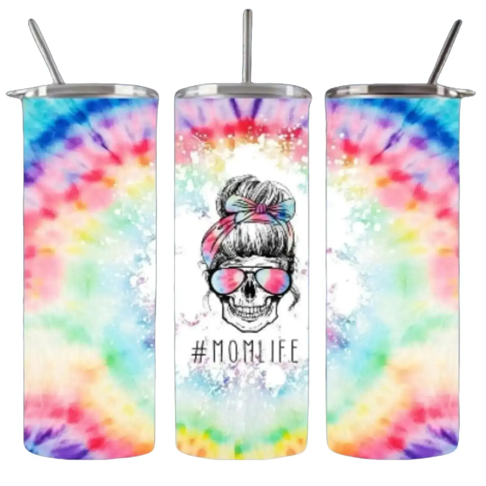 Radiant Vibes 20oz Tie Dye Skinny Tumbler - Double Wall Insulated with Trendy Skeleton Design, Messy Bun, and #MomLife - Handcrafted Elegance for Stylish Sips! Colorful Drinkware Portable