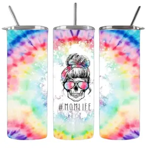 Radiant Vibes 20oz Tie Dye Skinny Tumbler - Double Wall Insulated with Trendy Skeleton Design, Messy Bun, and #MomLife - Handcrafted Elegance for Stylish Sips! Colorful Drinkware Portable