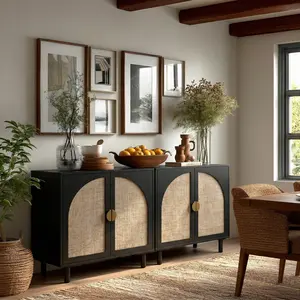 Oakault Black Rattan Sideboard Buffet Cabinet with Doors and Shelf, Rattan Accent Cabinet with Wood Feet, Boho Storage Cabinet for Living Room, Kitchen, Entryway