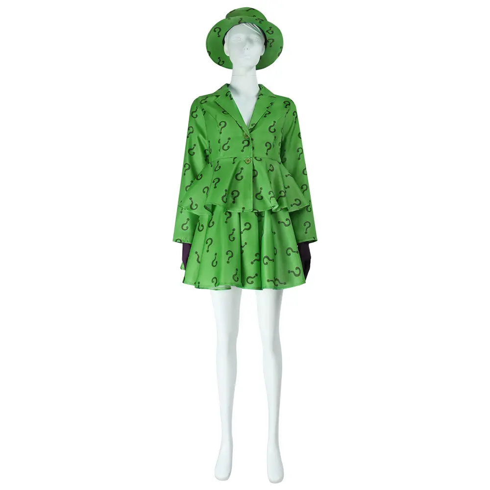 Riddler Green Question Mark Jacket Skirt Cosplay Costume Set with Hat Gloves for Comic Con