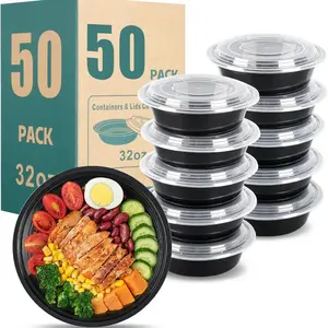 Disposable takeaway food container with lid, 50 black circular pieces, reusable takeaway food container, free of bisphenol A, stackable bento box, lunch container, microwave oven, dishwasher safe