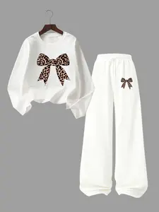 Vintage Leopard Bow Round Neck Long Sleeve T-Shirt, Elastic Waist Wide Leg Pants Set, Casual Street Style for Spring & Fall