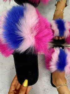 Women's New Faux Fur Home Slippers, Colorblock Slippers, Fluffy Home Slippers, Fuzzy House Slippers, Fashionable Color Block Design, Soft Plush, One-Piece Easy Wear, Fall & Winter Casual Shoes, Bedroom Slippers, Indoor Slippers
