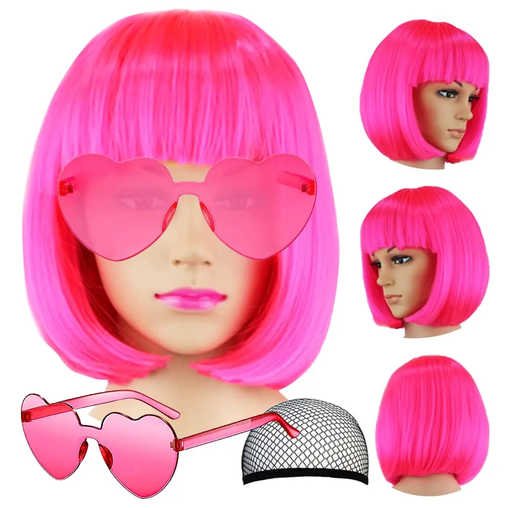 Short Bob Hair Wigs Straight with Flat Bangs Synthetic Colorful  Daily Party Neon Wig for Women + Free Wig Cap 14"  As Real