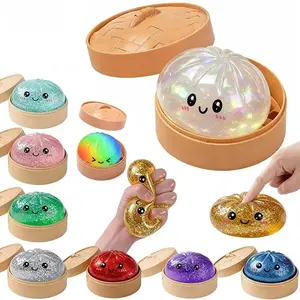 Glitter Dumpling Squishy Toy with Box Kawaii Stress Relief Squeeze Toy, Soft Sensory Fidget, Mystery Color Glitter Bun, Cute Desk Toy Gift