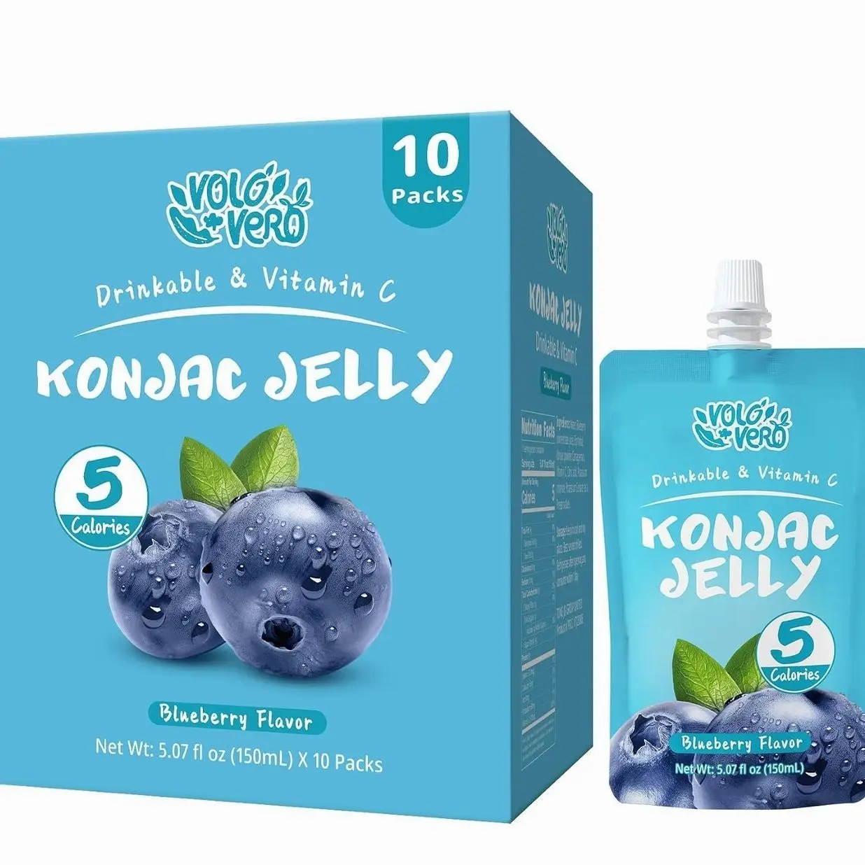 VOLO VERO Konjac Jelly Drinkable Pouch, Blueberry Flavor, 10 Pack | 5 Calories, Gluten Free, Vegan, Low Sugar, Keto, Fat Free, Plant-Based Fruit Snack with Vitamin C | Healthy On-the-Go Gift