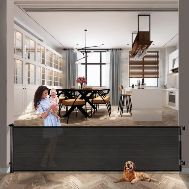 dearlomum Retractable Baby Gate 33.6" Tall Extends 55"-197" Wide Child Safety Gate for Doorways Stairs Hallways Indoor/Outdoor Black/Grey Playpen Nursery Infant Newborn