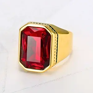 Classic 18K gold plated men's ring with simple red stone as a gift, daily wear, party