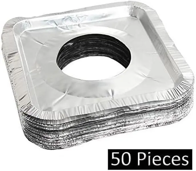 50 Pack Aluminum Foil Square Stove Burner Covers Disposable Heavy Thick Quality Bib Liners Drip Pans Gas Range Top Protectors 8.5”