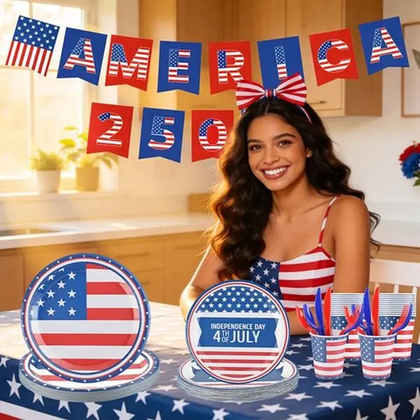 181Pcs Plastic Disposable Tableware Kit for Independence Day 250th Anniversary, Red White Blue Home Party Supplies with Paper Plates, Cups, Cutlery, Napkins, Banner, American Flags, Gifts for Flag Day, Stars