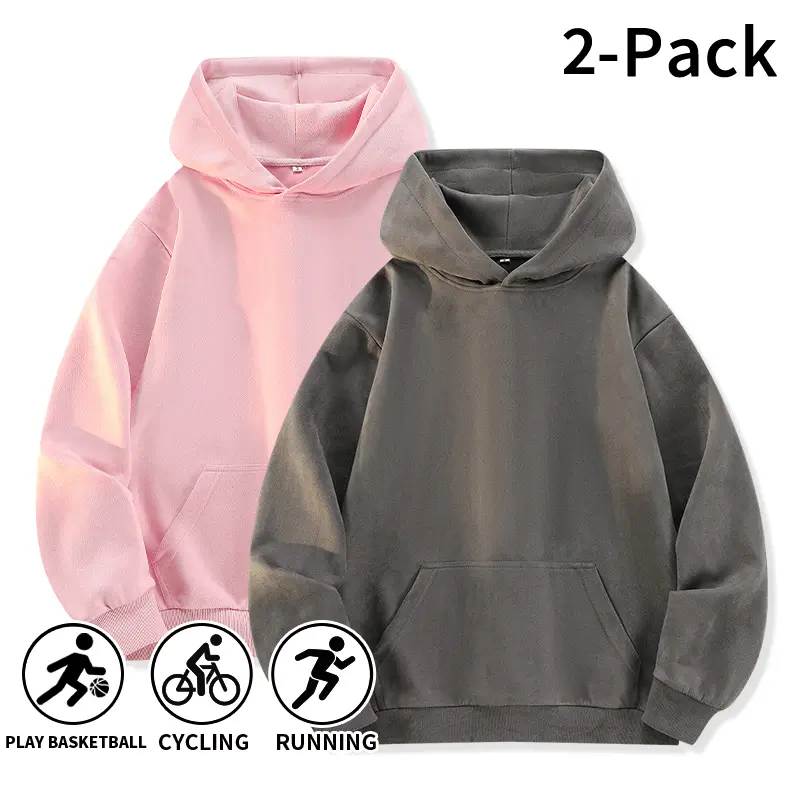 Two-pack trendy suede hoodies with a standout vibe. Oversized pullover hoodies designed to make you the center of attention. Crafted from premium suede with an ultra-soft texture. Classic solid-color versatile hoodies perfect for street style and gym outf