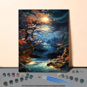 Tree & Moon Pattern DIY Painting By Numbers Kit without Frame, DIY Paint By Numbers Kit for Beginner, Wall Art Decor for Home Living Room Bedroom