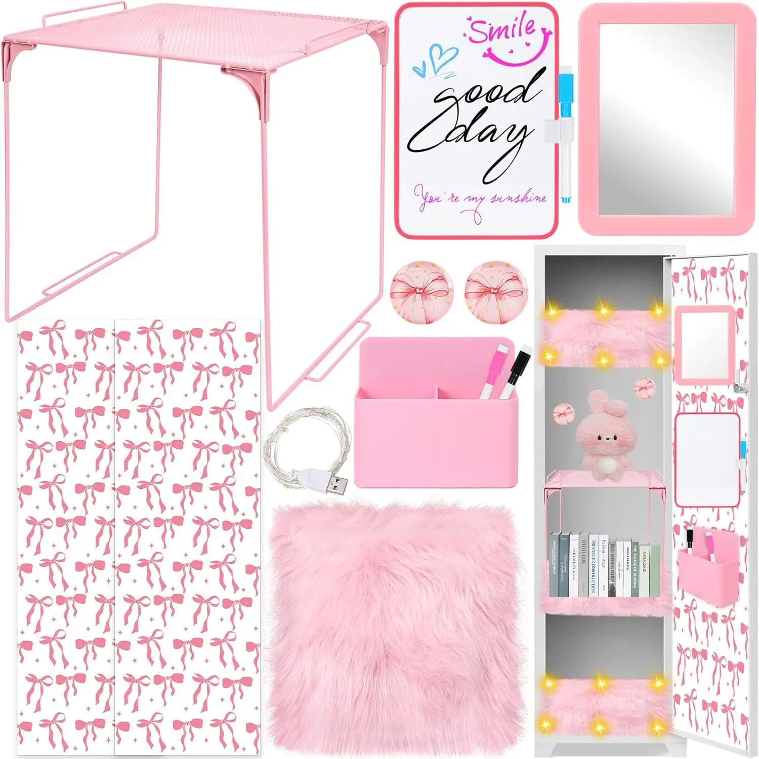 14 count  Locker Accessories Kit  to School Locker Decorations Supplies for Girls with Locker Shelf  Wallpaper Whiteboard Mirror Organizer Markers Rug String Lights and Cute Bow