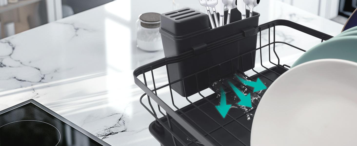 [New Deal] Dish Drying Rack for Kitchen Counter,Space-Saving Dish Rack with Drainboard,Rustproof Countertop Dish Drainer with Utensil Holder for Sink,Black