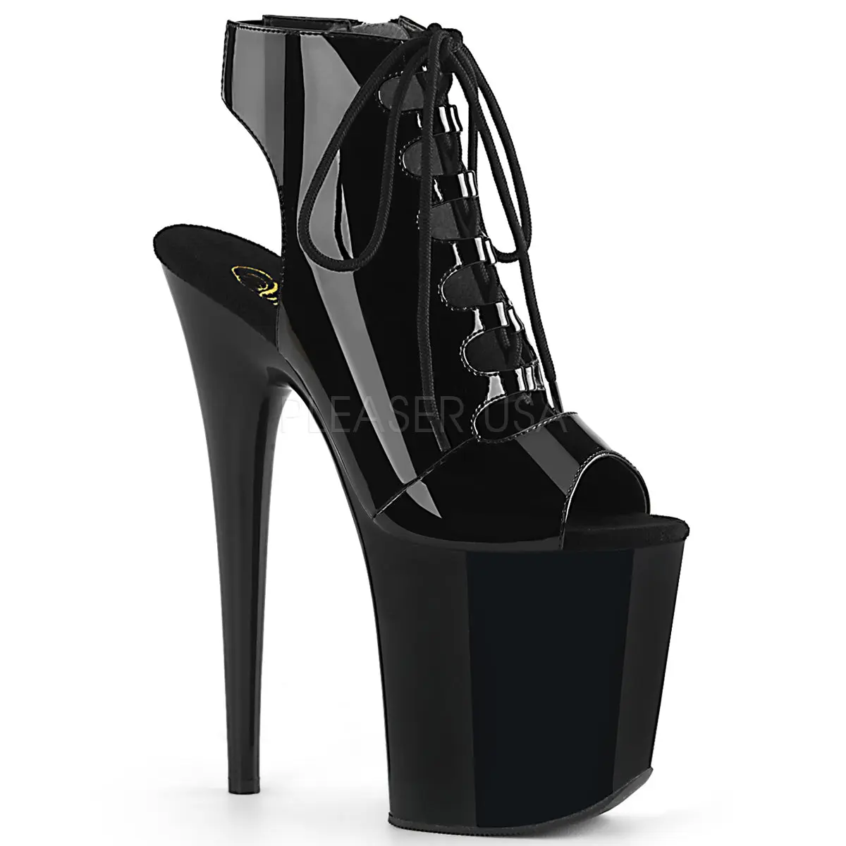 Women's Fashion Black Patent Leather Platform Sandals - 8-Inch High Heel Footwear with Open Toe, Lace-Up Straps and Inside Zip, Heeled, Shoe, 8-Inch Heeled, Elegant, Stylish, 8 In