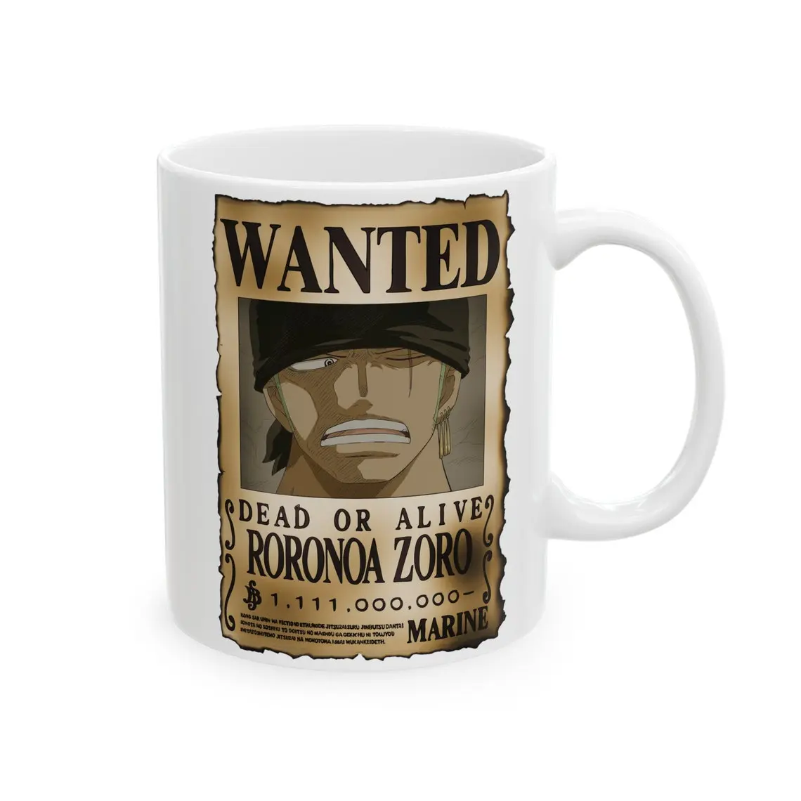 One Piece Roronoa Zoro Mug – Wanted Roronoa Zoro Bounty Design – 11oz & 15oz – Perfect Mug for Zoro lover and Collectors – Iconic Zoro Wanted Poster Mug Cup Drinkware