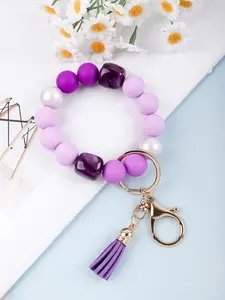 Solid Color Beaded Wristlet Keychain for Women, Matte Silicone Acrylic Beads, Tassel Charm, Minimalist Key Holder, Fashion Gift