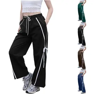 WoodBerry Women's Casual Wide Leg Pants with Crisscross Decorative Straps High-Waisted Drawstring Tracksuit Pants 2026 Spring Y2K Athletic Sweatpants