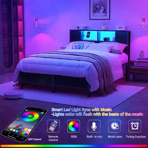 Cyclysio Full Size Bed Frame with Storage Headboard and Charging Station, Luxury Cool Bed Frame with LED Lights, Steel Slat Support Black platformbed bed frame