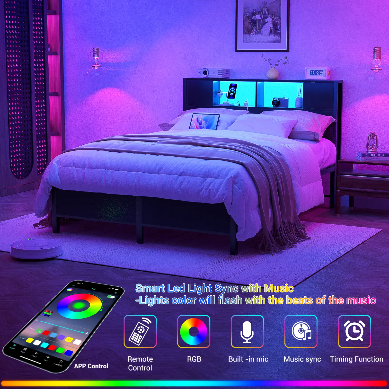 Cyclysio Full Size Bed Frame with Storage Headboard and Charging Station, Luxury Cool Bed Frame with LED Lights, Steel Slat Support Black platformbed