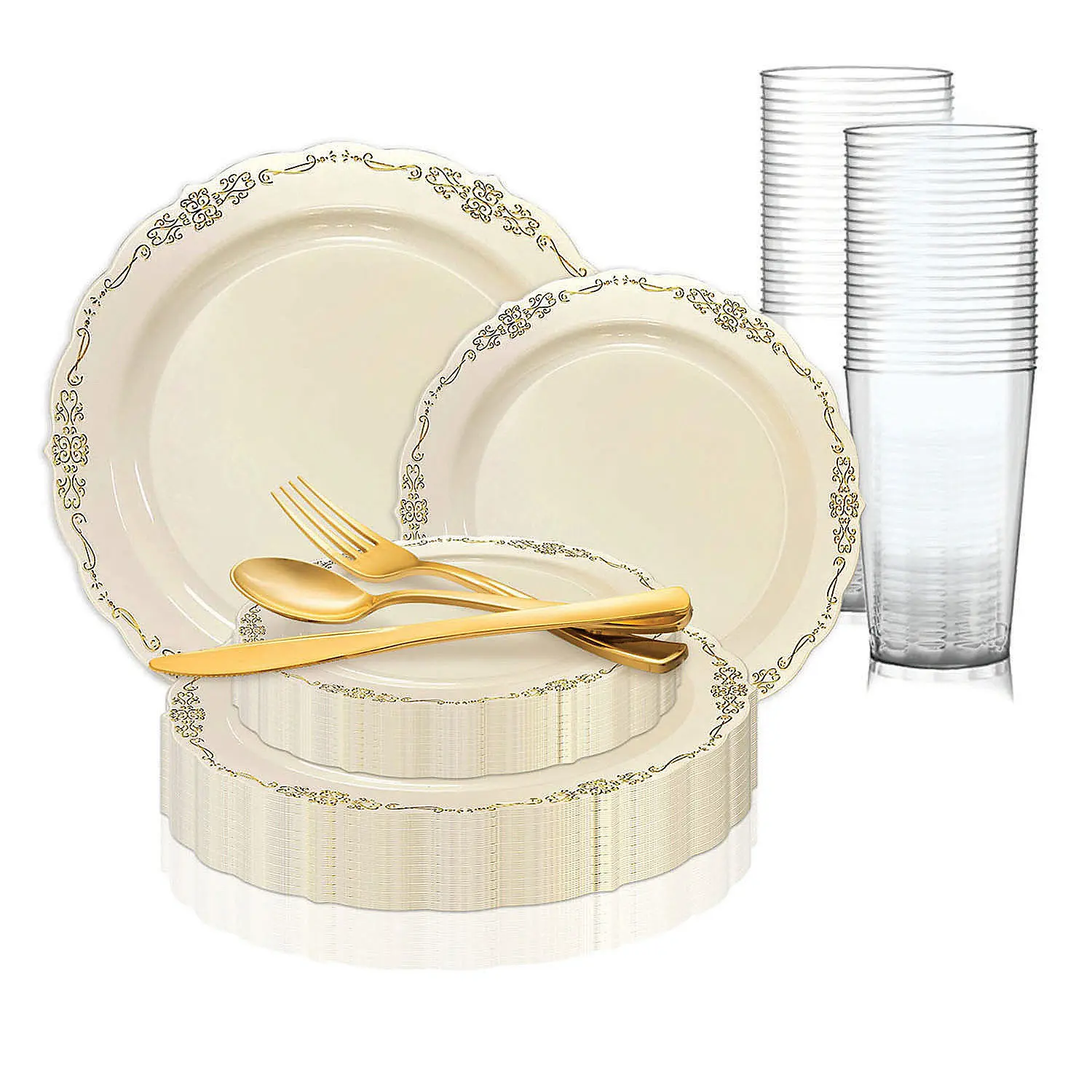 Portable Disposable Plastic Tableware Value Set - Service for 60, Ivory with Gold Rim Round Disposable Plates (8.5in Dinner Plate Inner Diameter), 7.5in Flatware (Spoons, Forks), Cups for Single Event Anniversary Party Supplies