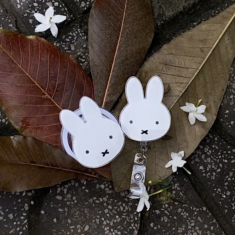 White Bunny Phone Grip And Badge Reel - Cute Bunny Accessories Set For Students, Nurses and Officers - Miffy Phone Holders