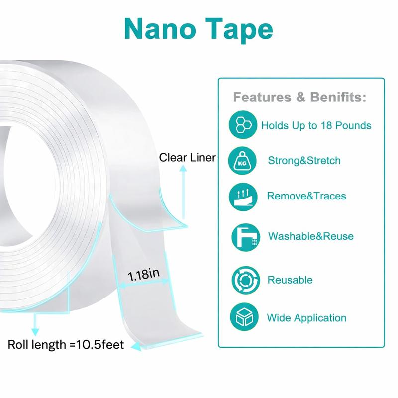 Nano Tape 3 Rolls Heavy Duty  31.5FT Width: 3CM Thick: 2MM)Double Sided Clear Mounting Strips for Picture Hanging Easy Application Precise Measurement Ideal for Home Decor Projects Stretch Remove Traces Washable Reuse Reusable Transparent Nano Tape