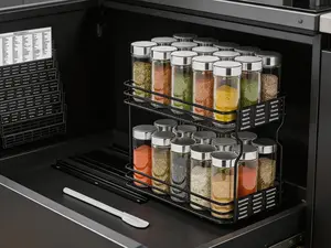2-tier pull-out spice rack for cabinets, heavy-duty sliding design with labels and chalk marker. Compact size for neat kitchen seasoning storage.