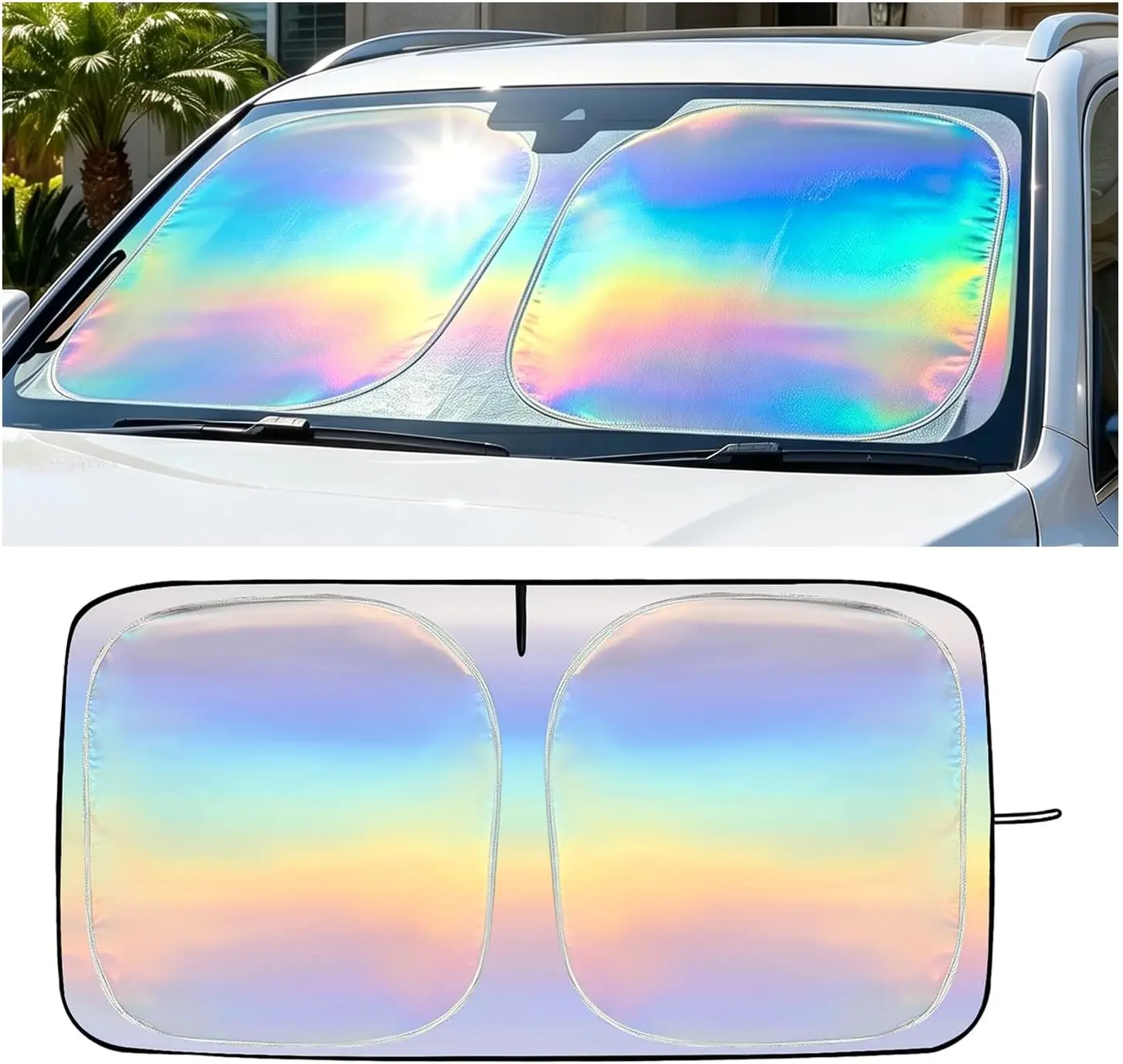 Car Windshield-Laser Reflective Coating Car Windshield Sunshade, Foldable Anti-UV Windshield Car Windshield SunScreen, 210T Titanium Silver Foldable Windshield Sun Shade, Universal Fit Auto Sun Protection 57×31.56"
