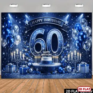 1pc 2D Flat banner Luxury Blue and Golden Sixtieth Birthday Backdrop, Featuring Golden "60" Numerals, Black and Golden Ribbon Lettering, Deep Blue and Golden Balloons, Golden Stars, Blue Roses, Gift Boxes, Gold
