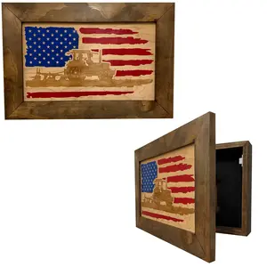 Locking Gun Cabinet Wall Mounted with American Flag and Farmer Patriotic Decorative Front Vault Safe Box Hanging Room Hand Decoration
