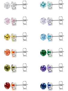 12 Pairs Stainless Steel Cubic Zirconia Stud Earrings, Brilliant Cut Round CZ Earrings set, Birthstone Stud Earrings for Women, Stud Earring Jewelry